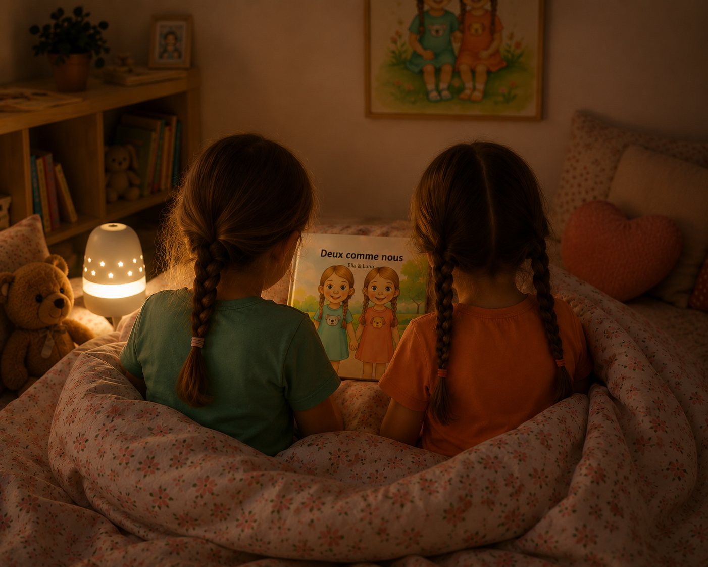 Elia et Luna découvrent leur livre au moment du coucher